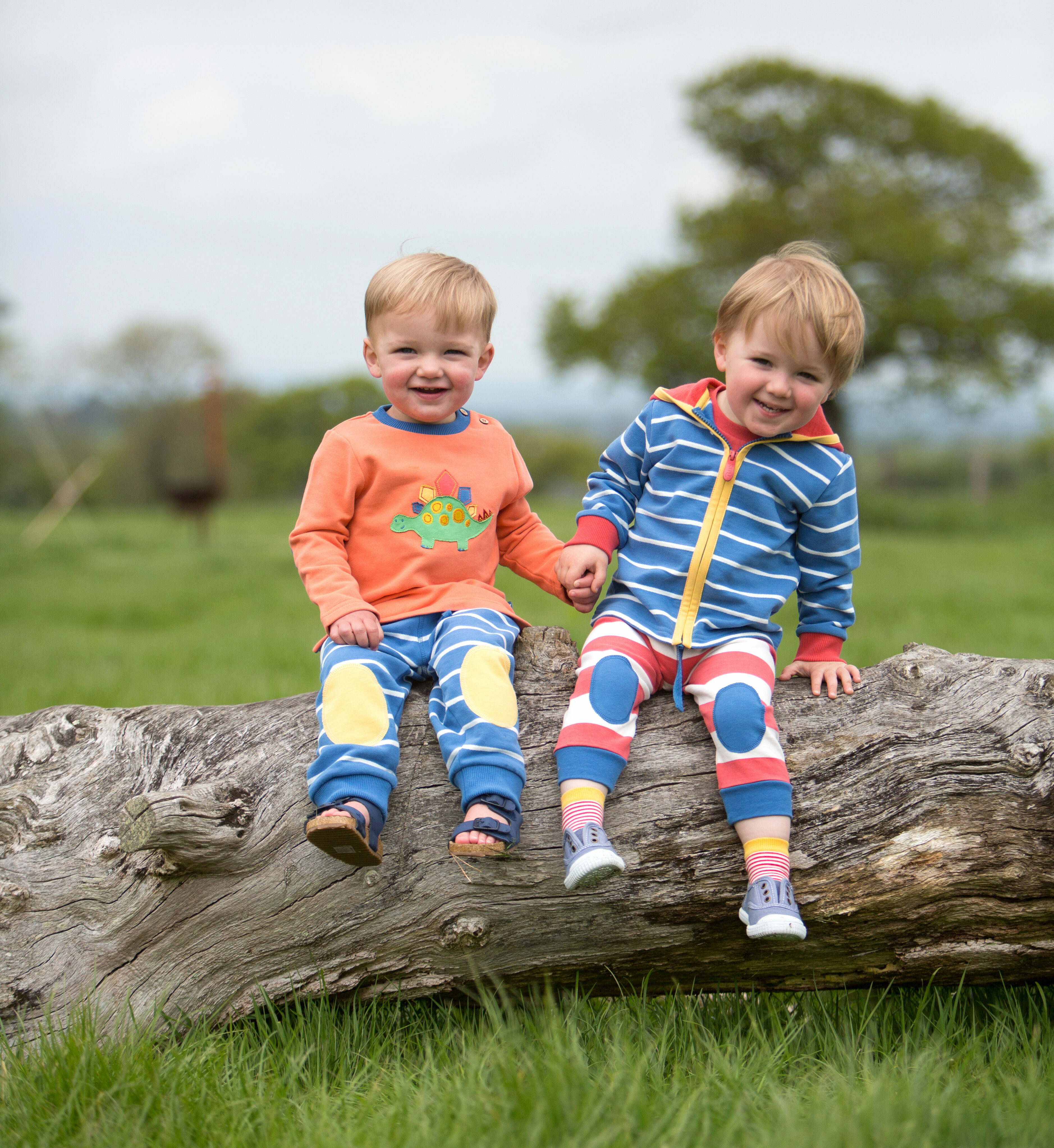 Two young boys sat on log in field